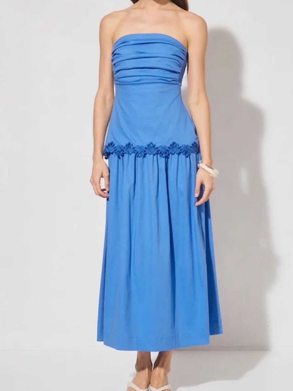 Strapless Sky Blue Maxi Dress with Floral Waist Detail